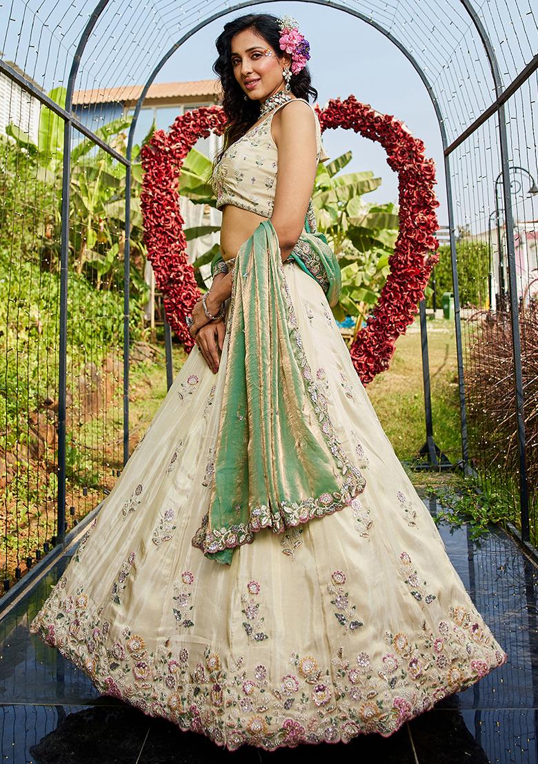 Green Sequin Embroidered Tissue Lehenga Set With Dupatta