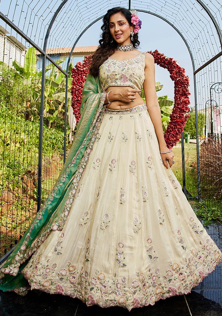 Green Sequin Embroidered Tissue Lehenga Set With Dupatta