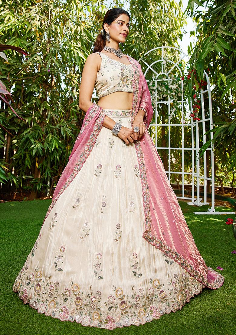 Pink Sequin Embroidered Tissue Lehenga Set With Dupatta