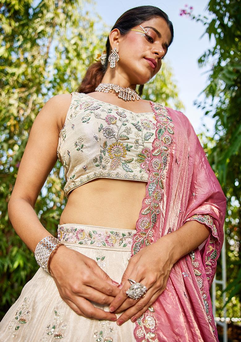 Pink Sequin Embroidered Tissue Lehenga Set With Dupatta