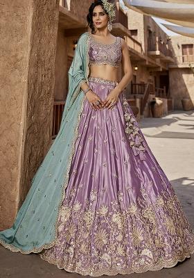 Lavender Sequin Embroidered Satin Lehenga Set With Dupatta