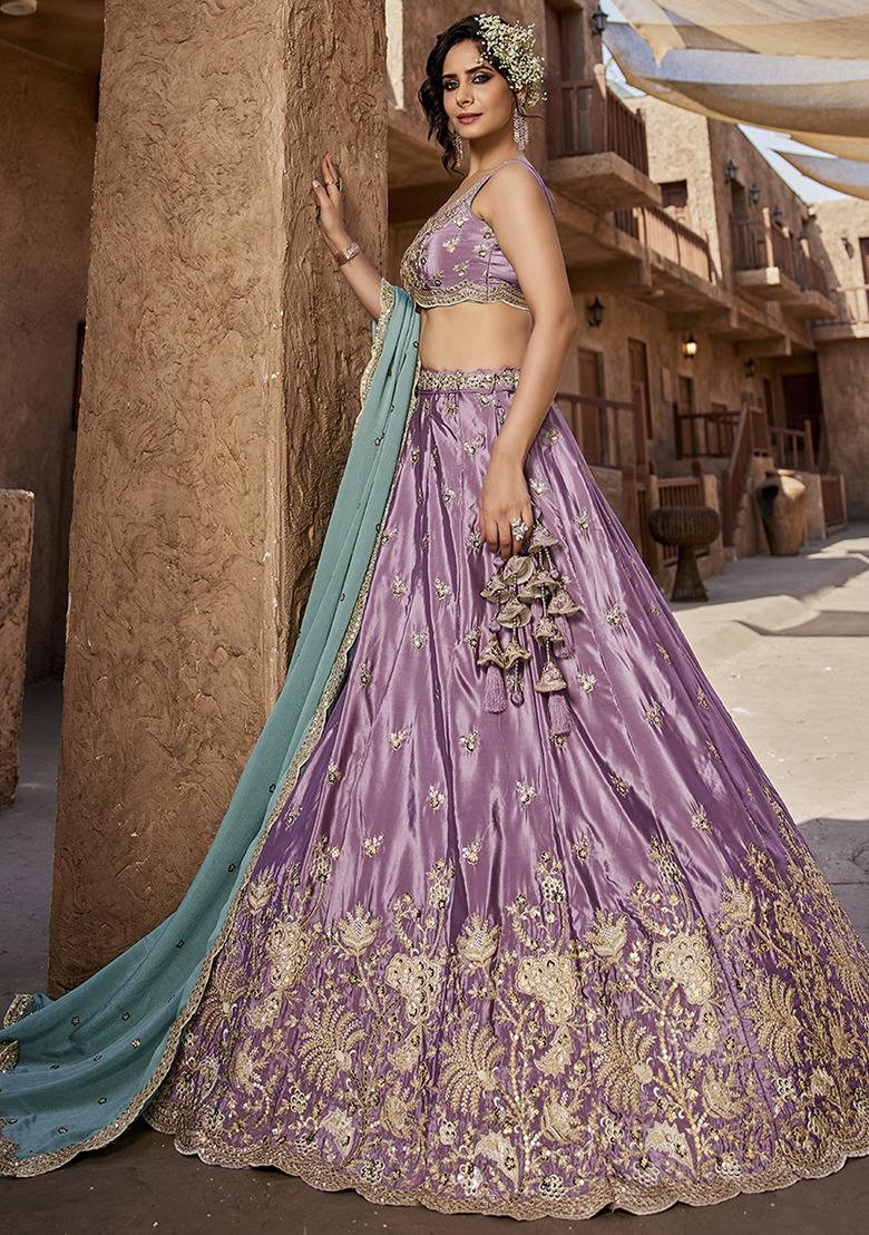 Lavender Sequin Embroidered Satin Lehenga Set With Dupatta