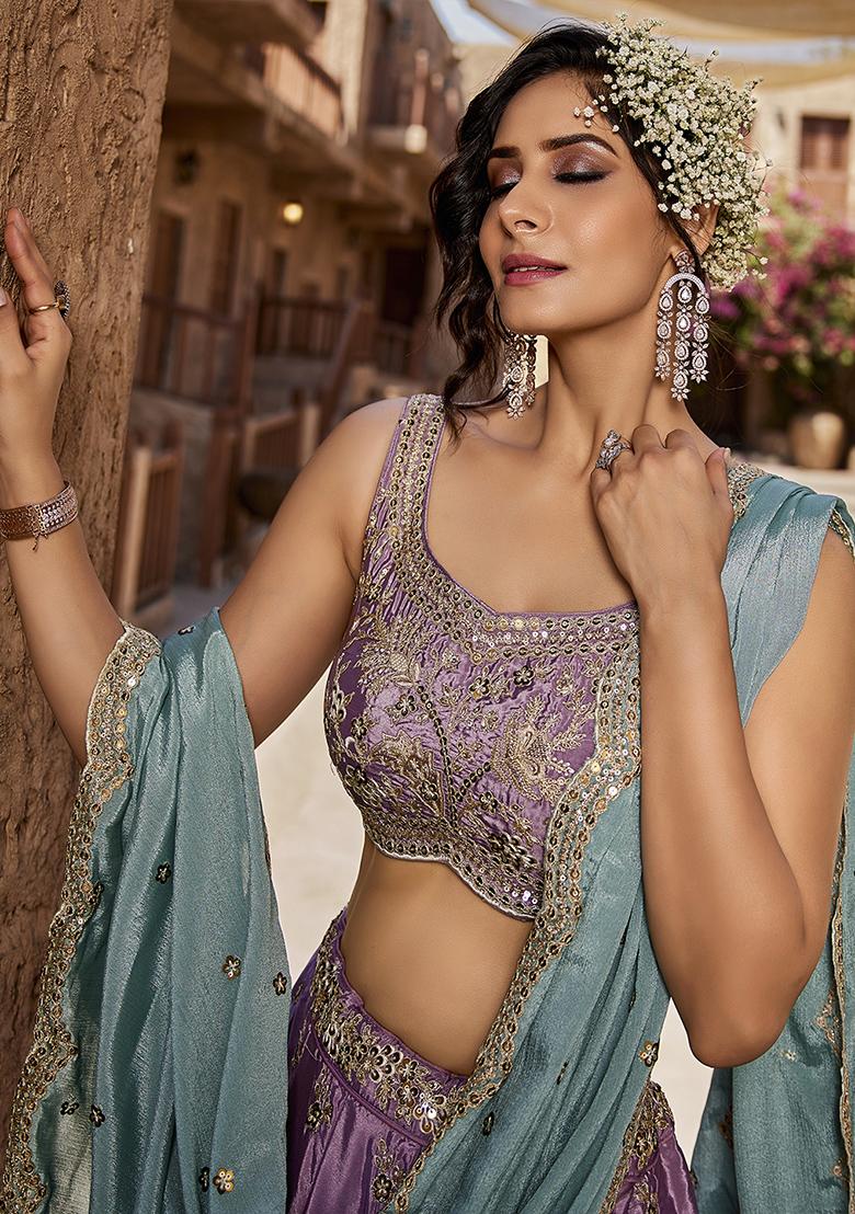 Lavender Sequin Embroidered Satin Lehenga Set With Dupatta