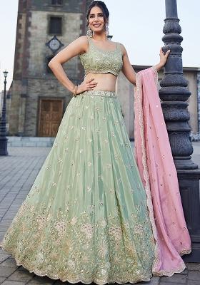 Lime Green Sequin Embroidered Satin Lehenga Set With Dupatta