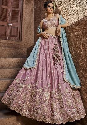Pink Sequin Embroidered Satin Lehenga Set With Dupatta