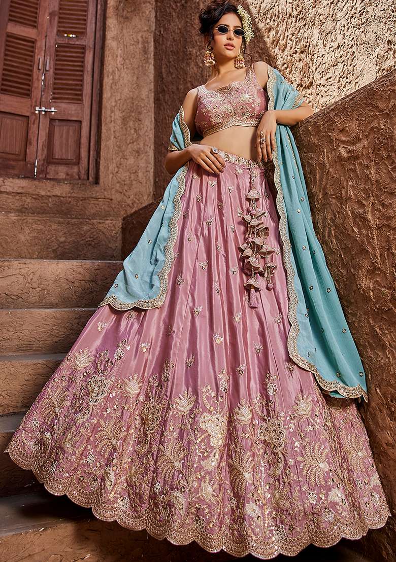 Pink Sequin Embroidered Satin Lehenga Set With Dupatta - Indya