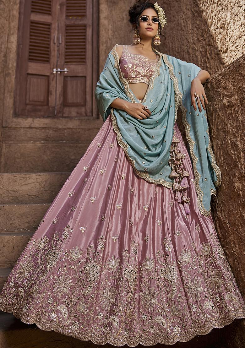 Pink Sequin Embroidered Satin Lehenga Set With Dupatta