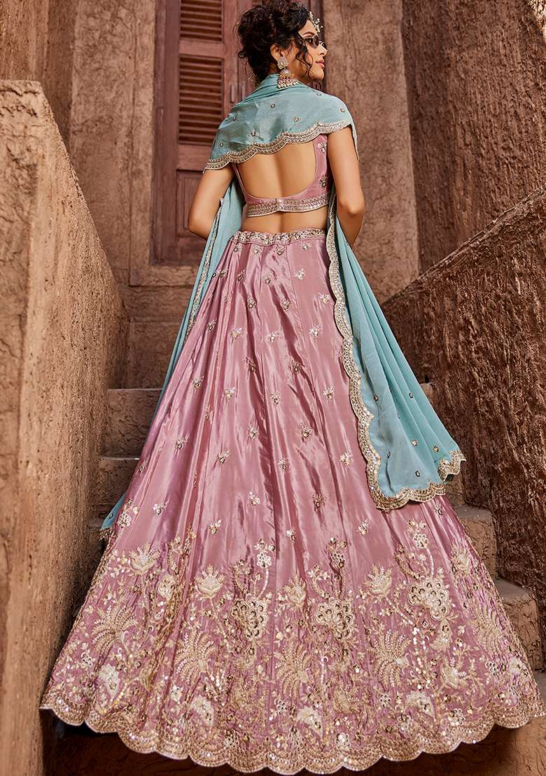 Pink Sequin Embroidered Satin Lehenga Set With Dupatta - Indya