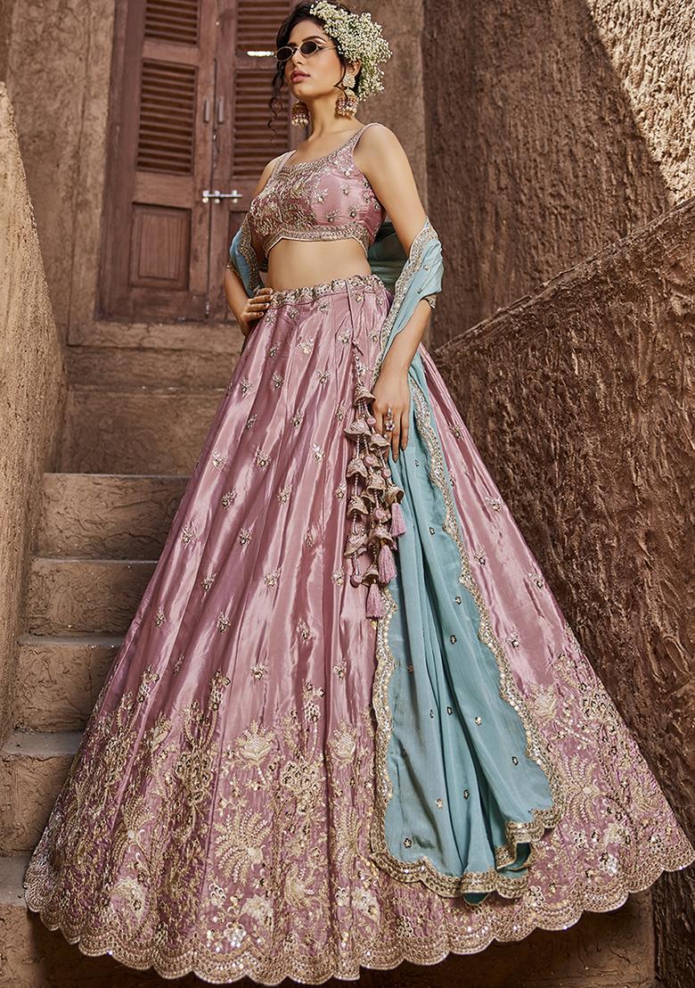 Pink Sequin Embroidered Satin Lehenga Set With Dupatta