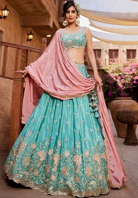 Turquoise Blue Sequin Embroidered Satin Lehenga Set With Dupatta