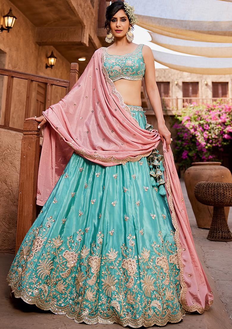 Turquoise Blue Sequin Embroidered Satin Lehenga Set With Dupatta