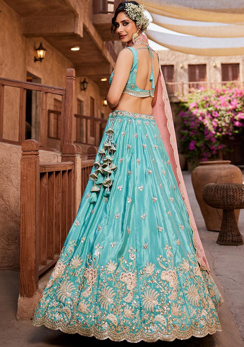 Turquoise Blue Sequin Embroidered Satin Lehenga Set With Dupatta