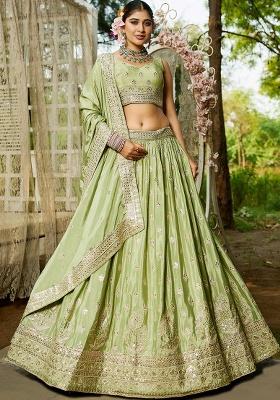 Lime Green Sequin Embroidered Chiffon Lehenga Set With Dupatta