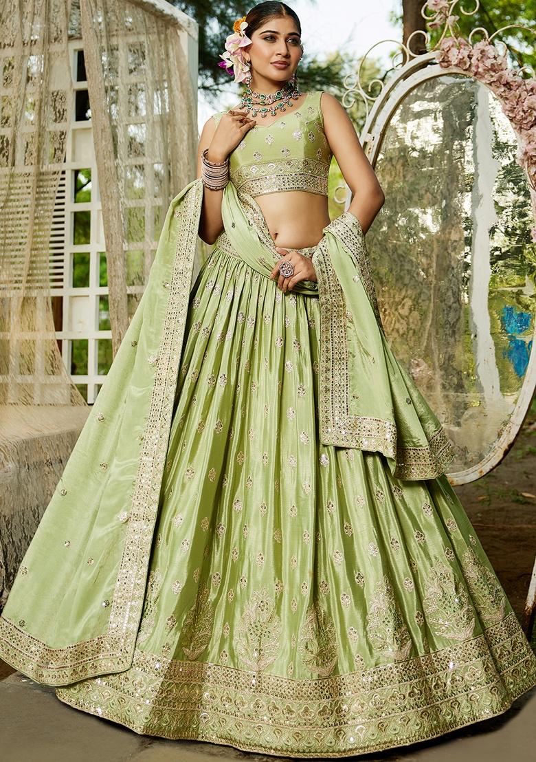 Lime Green Sequin Embroidered Chiffon Lehenga Set With Dupatta