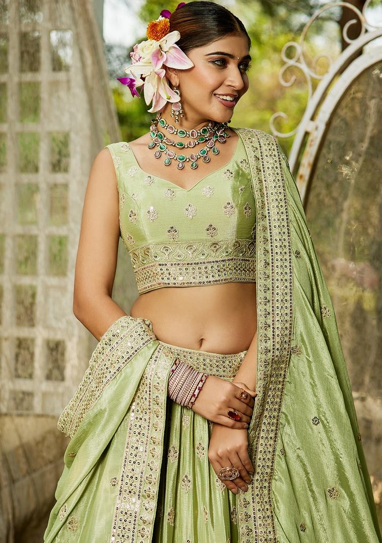 Lime Green Sequin Embroidered Chiffon Lehenga Set With Dupatta
