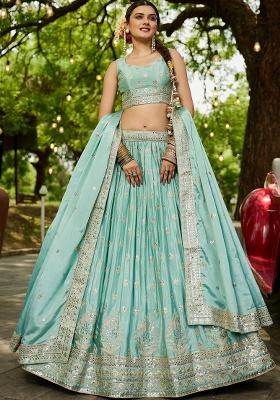 Sea Green Sequin Embroidered Chiffon Lehenga Set With Dupatta