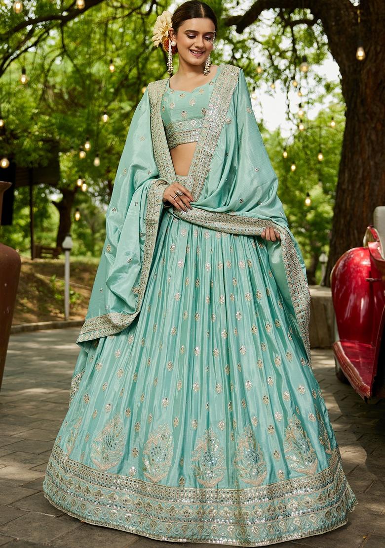 Sea Green Sequin Embroidered Chiffon Lehenga Set With Dupatta