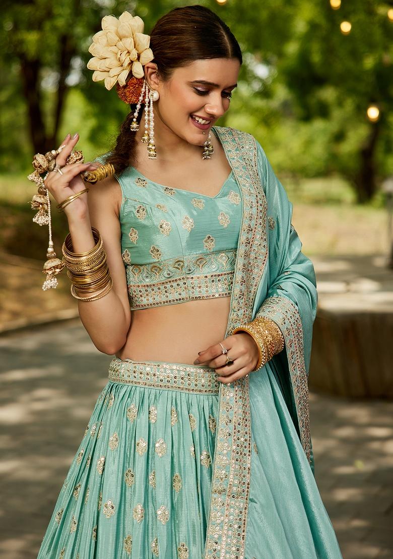 Sea Green Sequin Embroidered Chiffon Lehenga Set With Dupatta
