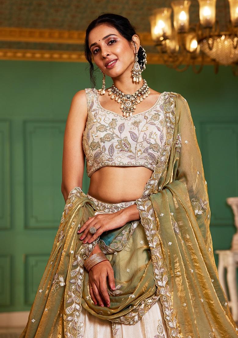 Green Sequin Embroidered Tissue Lehenga Set With Dupatta