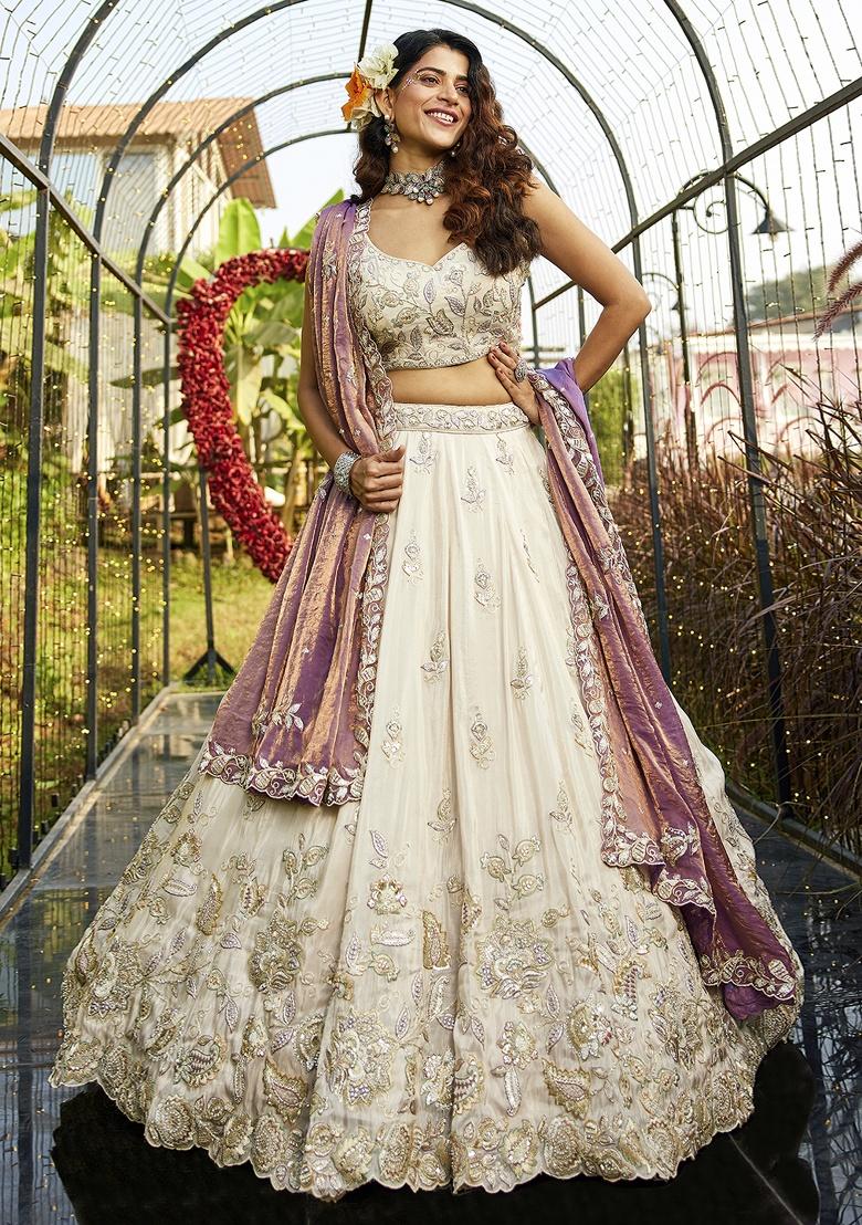 Purple Sequin Embroidered Tissue Lehenga Set With Dupatta