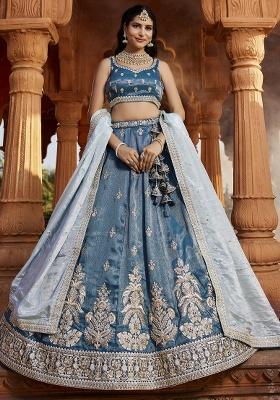 Blue Embroidered Tissue Lehenga Set With Dupatta
