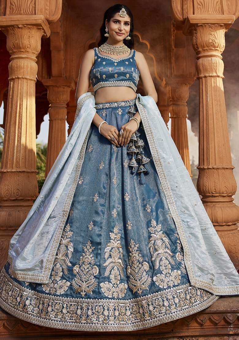 Blue Embroidered Tissue Lehenga Set With Dupatta - Indya