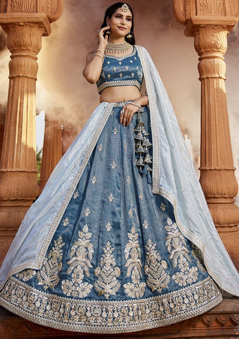 Blue Embroidered Tissue Lehenga Set With Dupatta
