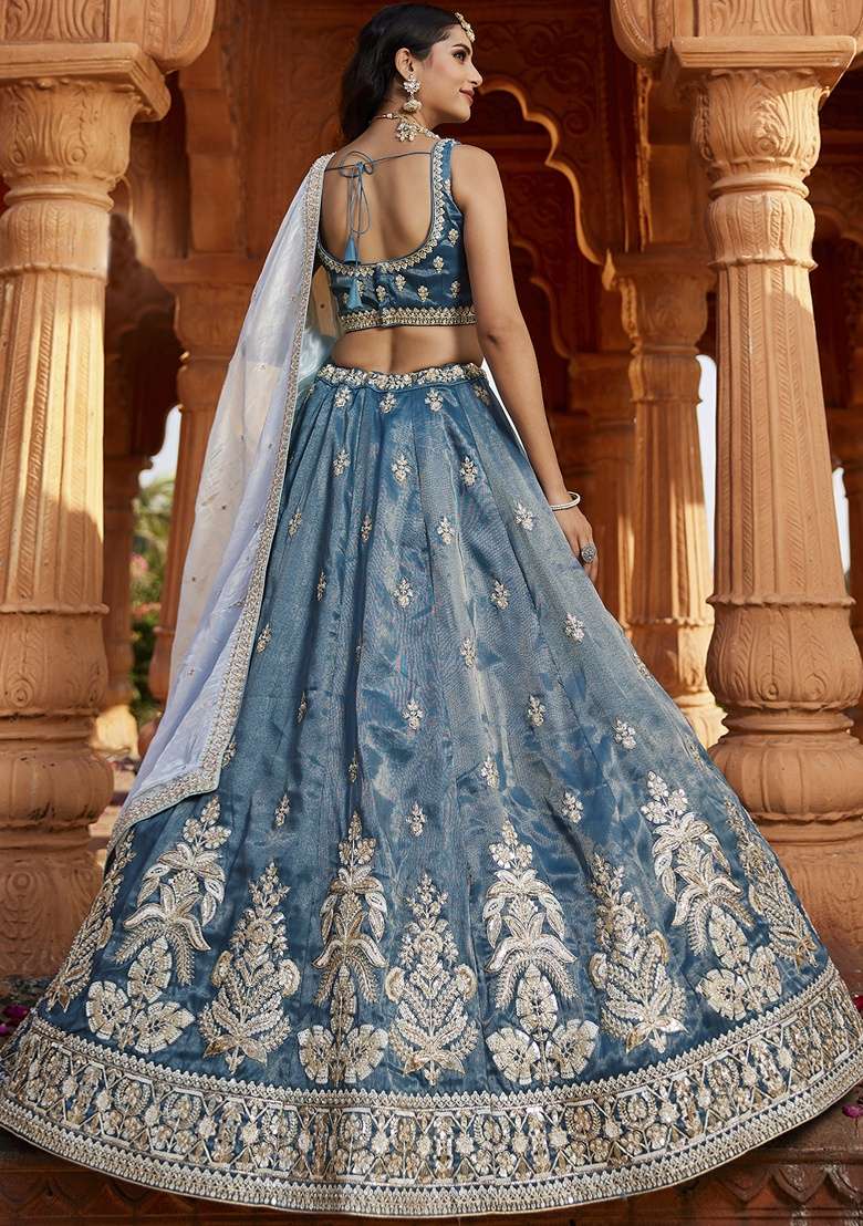 Blue Embroidered Tissue Lehenga Set With Dupatta - Indya