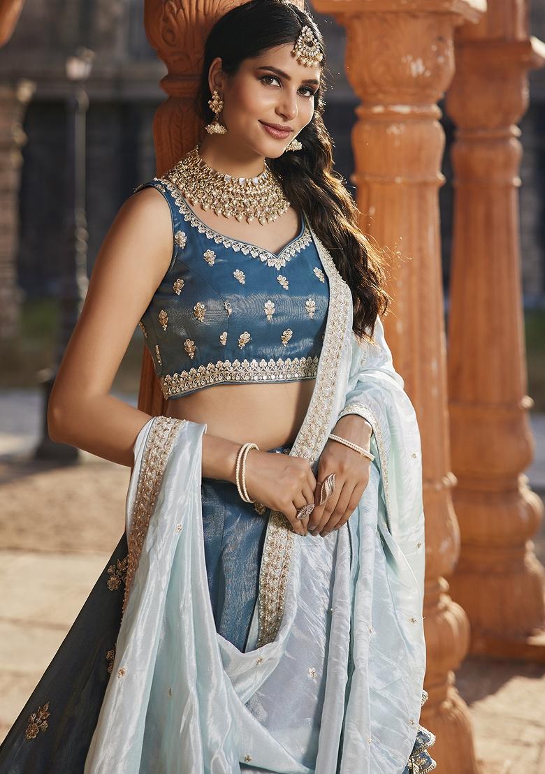 Blue Embroidered Tissue Lehenga Set With Dupatta