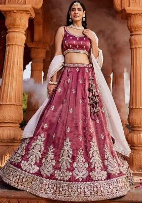 Burgundy Embroidered Tissue Lehenga Set With Dupatta