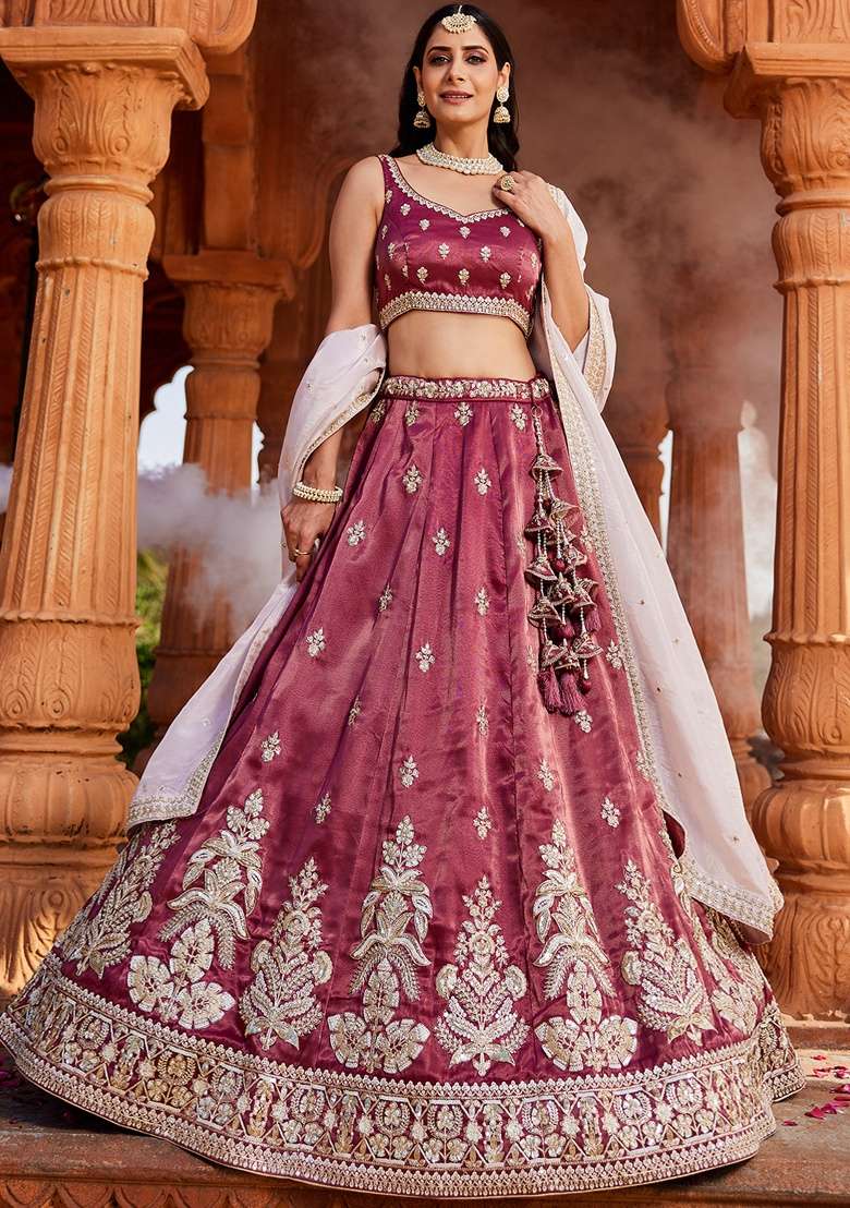 Burgundy Embroidered Tissue Lehenga Set With Dupatta - Indya