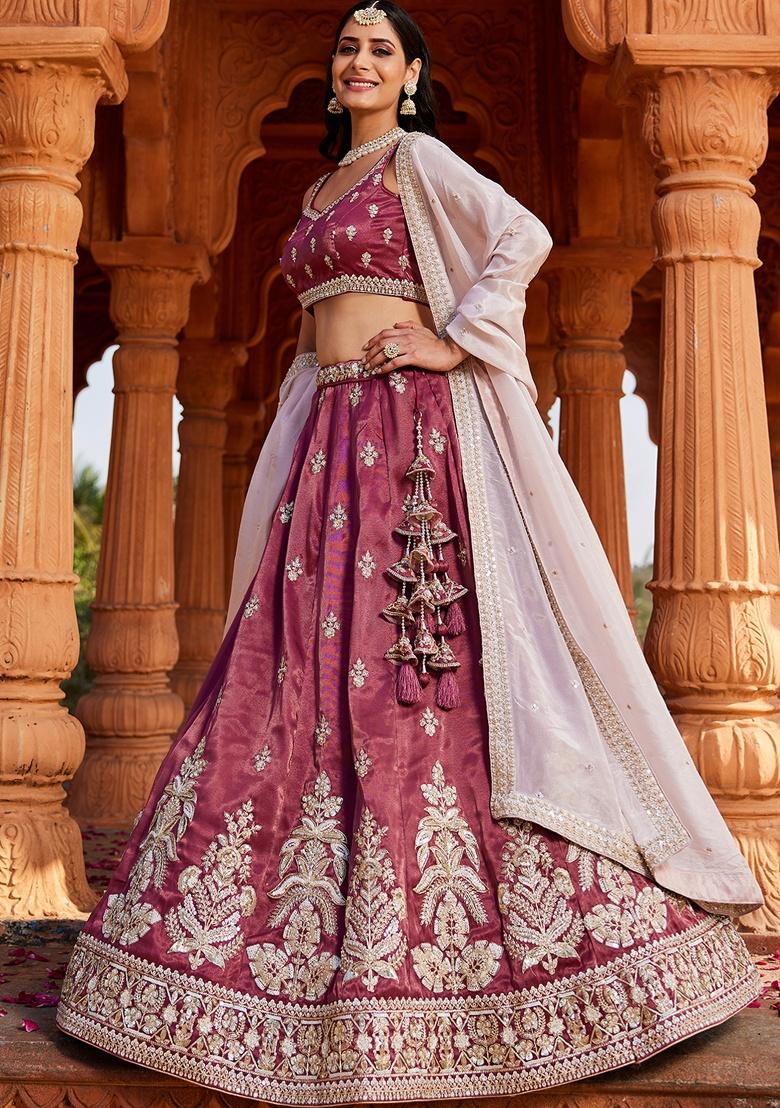 Burgundy Embroidered Tissue Lehenga Set With Dupatta