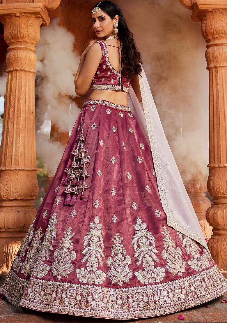 Burgundy Embroidered Tissue Lehenga Set With Dupatta - Indya