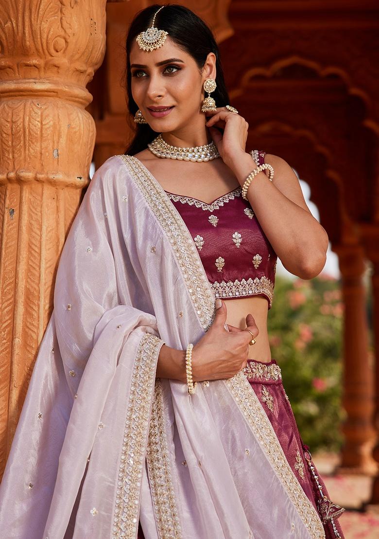 Burgundy Embroidered Tissue Lehenga Set With Dupatta