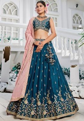 Navy Blue Sequin Embroidered Chiffon Lehenga Set With Dupatta