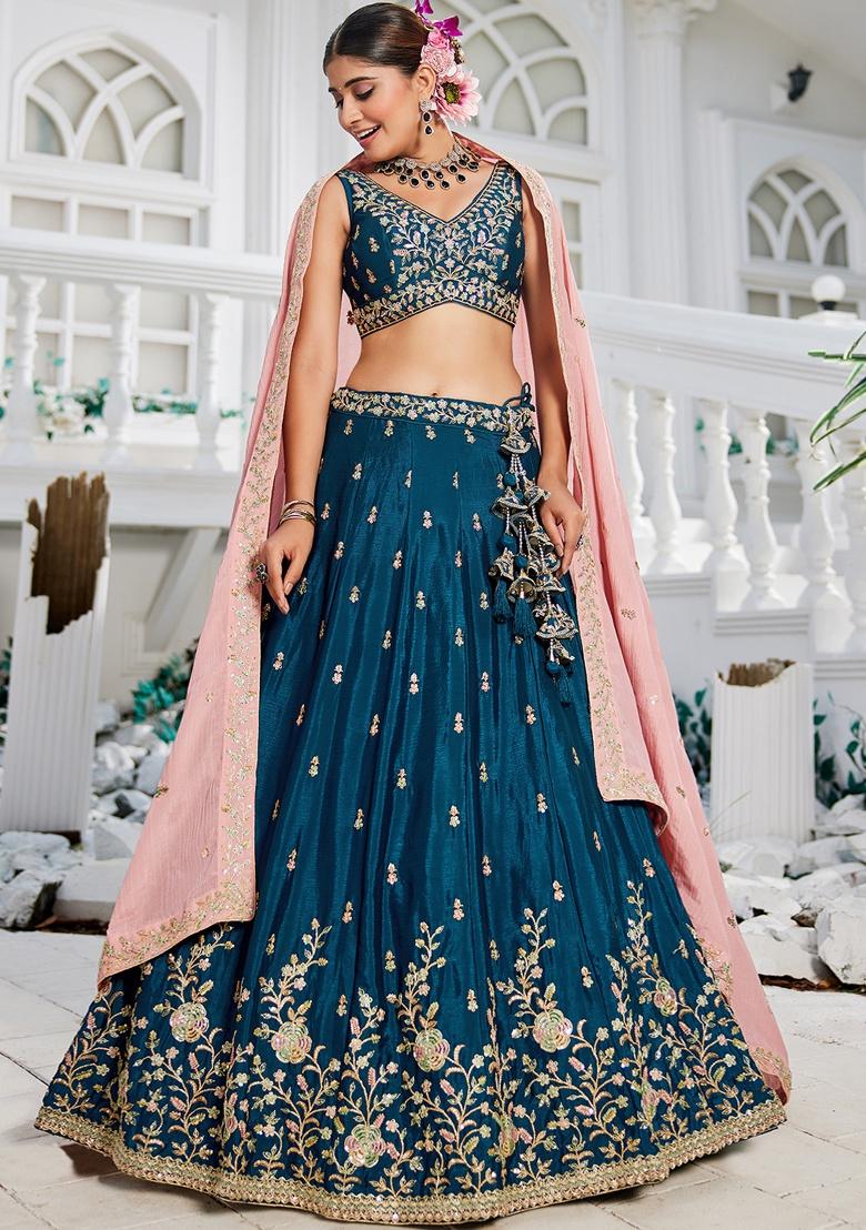 Navy Blue Sequin Embroidered Chiffon Lehenga Set With Dupatta