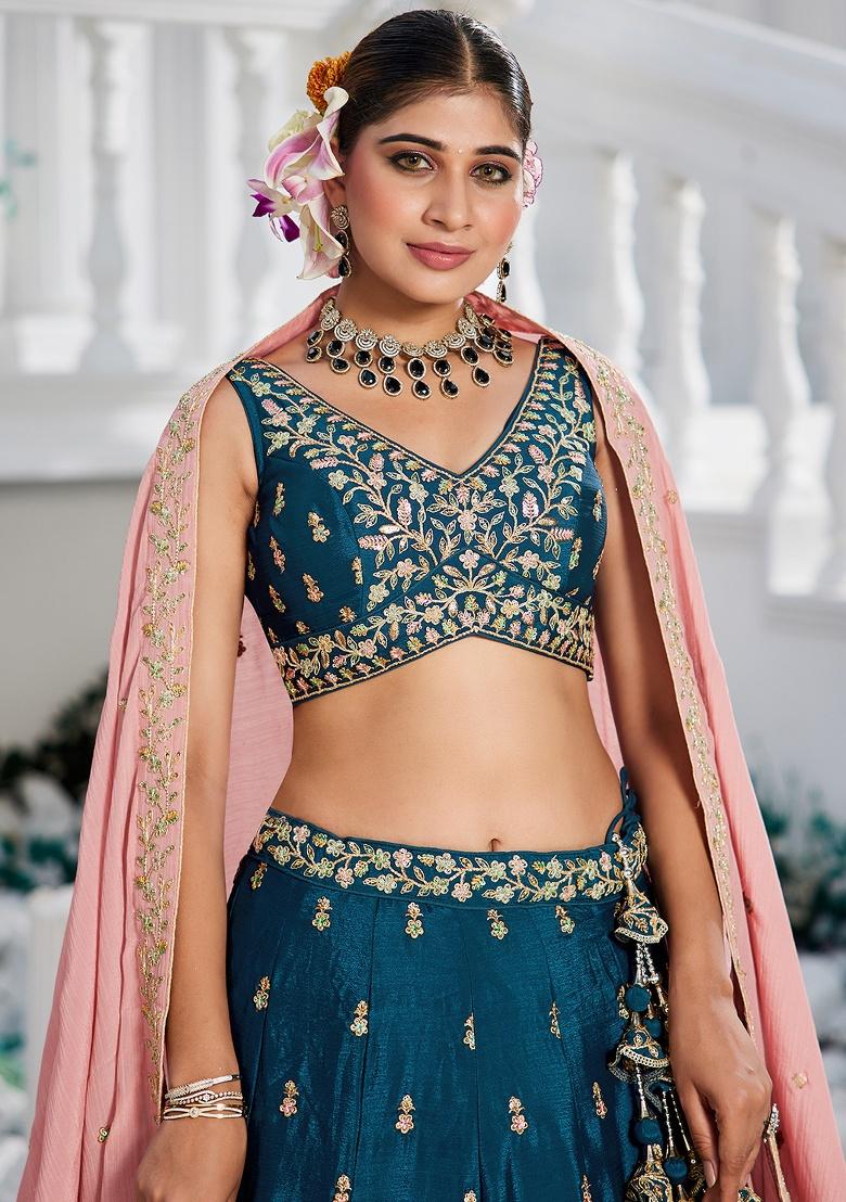 Navy Blue Sequin Embroidered Chiffon Lehenga Set With Dupatta