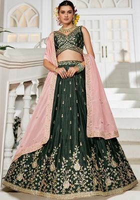 Olive Sequin Embroidered Chiffon Lehenga Set With Dupatta