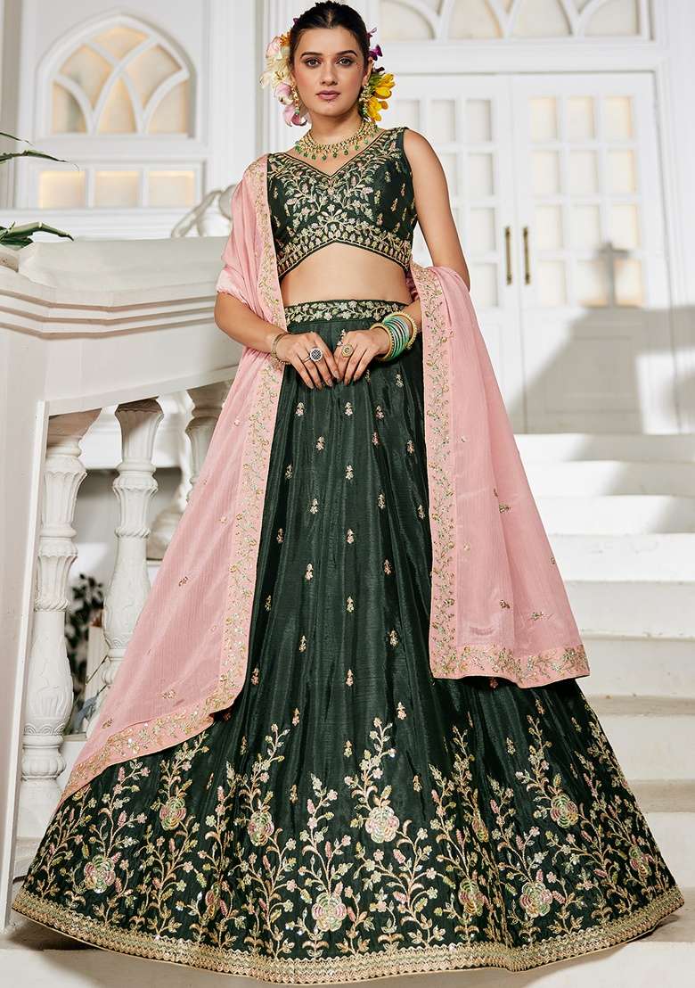 Olive Sequin Embroidered Chiffon Lehenga Set With Dupatta - Indya