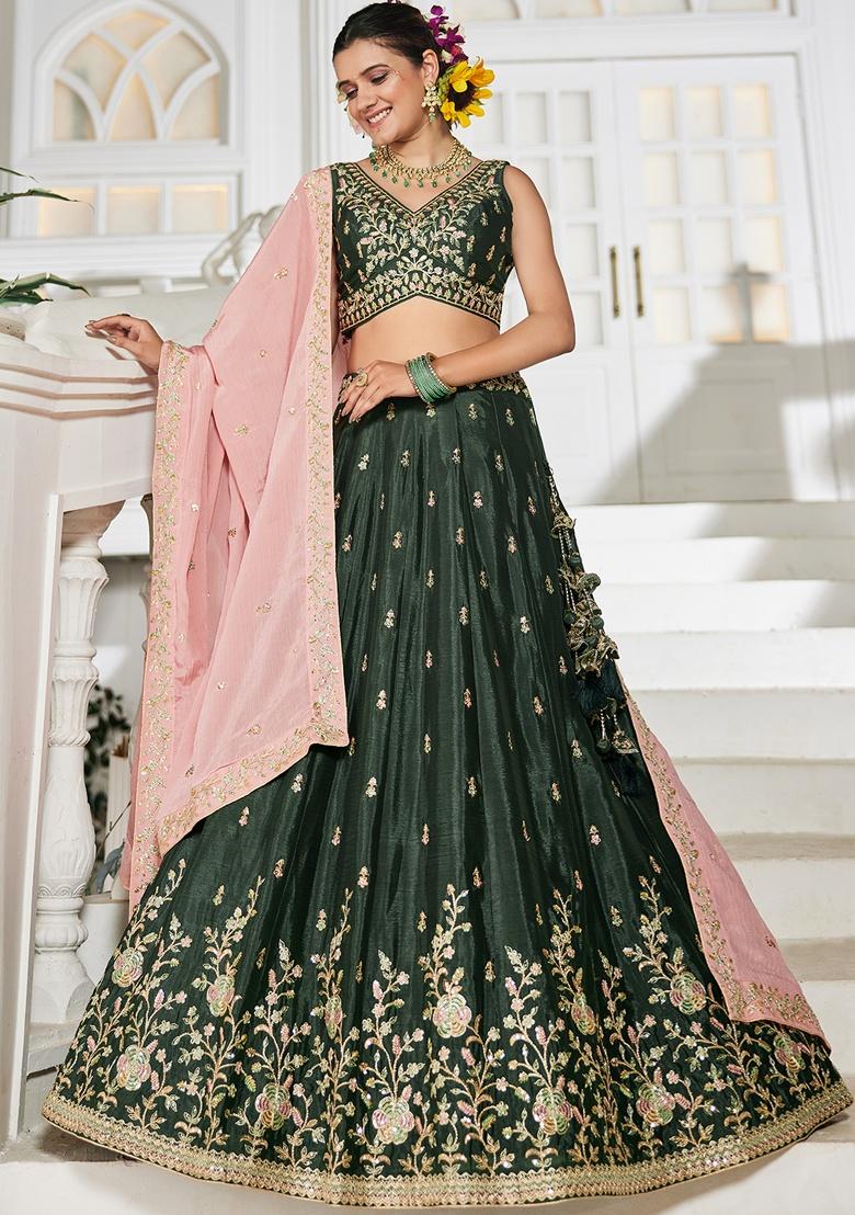 Olive Sequin Embroidered Chiffon Lehenga Set With Dupatta