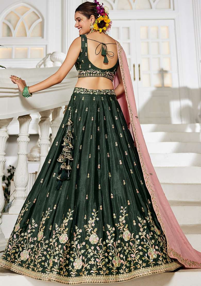 Olive Sequin Embroidered Chiffon Lehenga Set With Dupatta - Indya