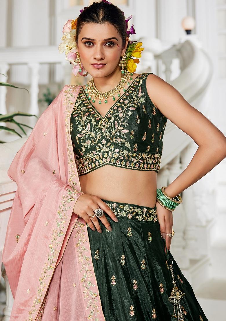 Olive Sequin Embroidered Chiffon Lehenga Set With Dupatta