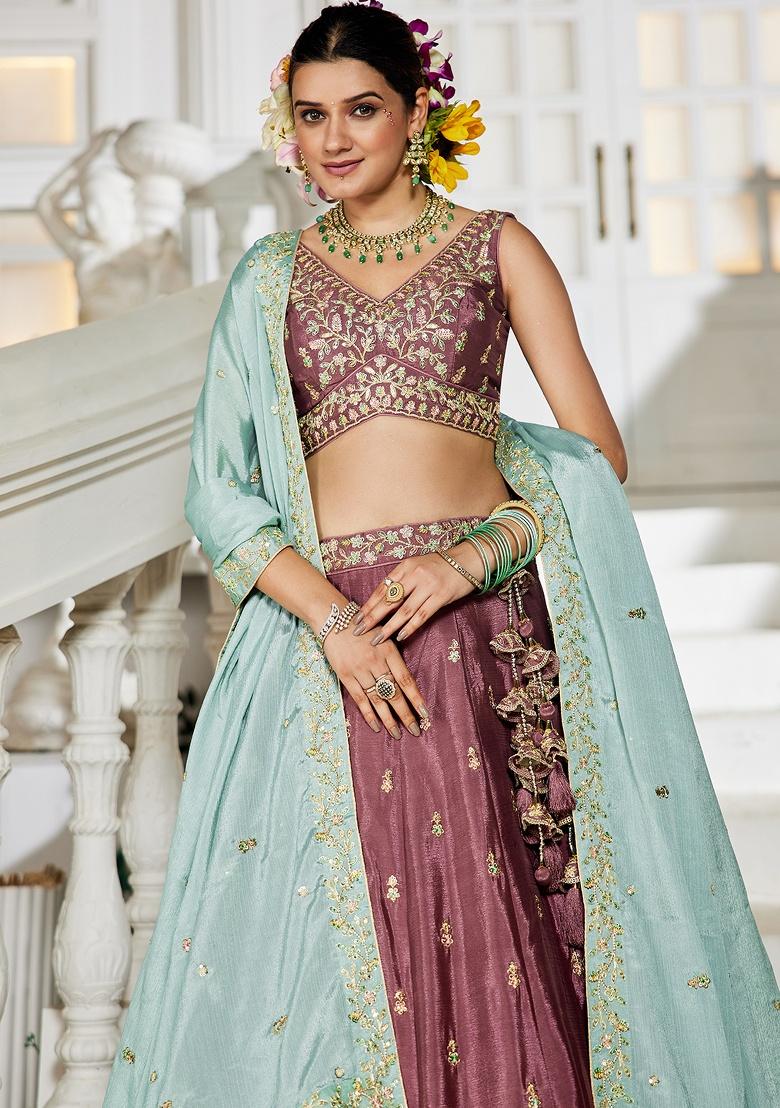 Rose Gold Sequin Embroidered Chiffon Lehenga Set With Dupatta