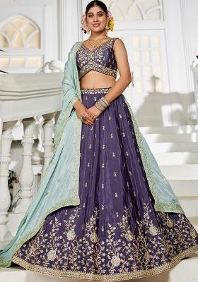 Violet Sequin Embroidered Chiffon Lehenga Set With Dupatta