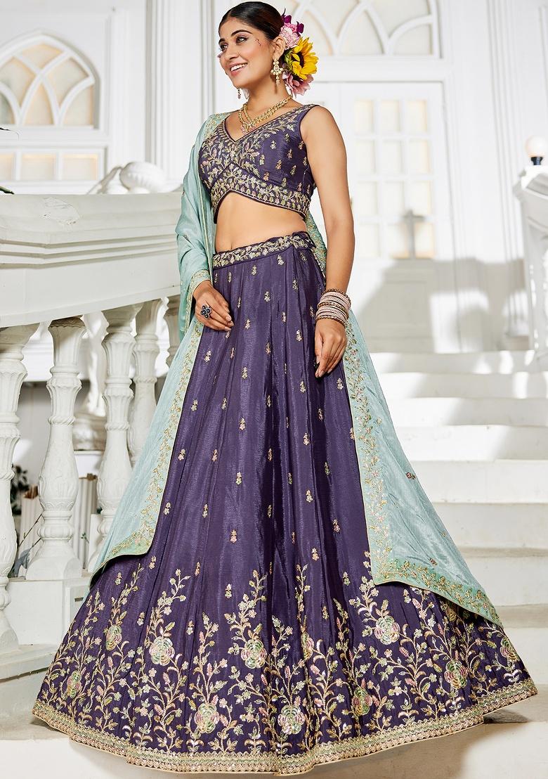 Violet Sequin Embroidered Chiffon Lehenga Set With Dupatta