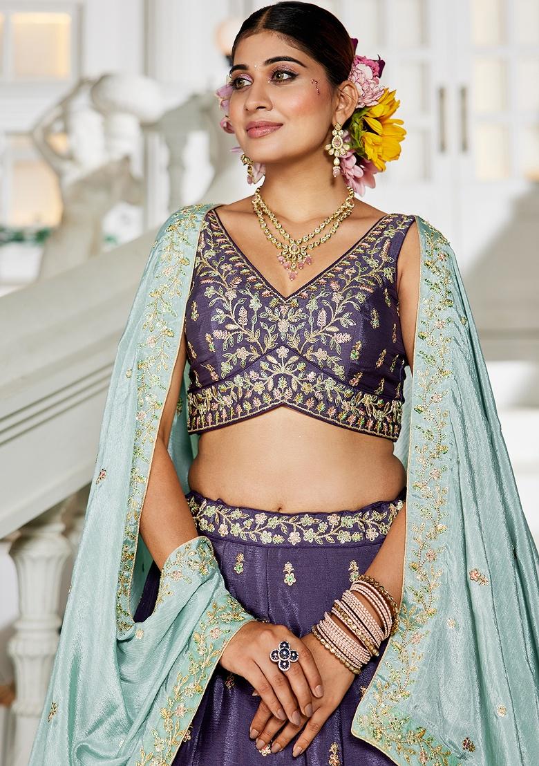Violet Sequin Embroidered Chiffon Lehenga Set With Dupatta