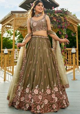 Olive Sequin Embroidered Satin Lehenga Set With Dupatta