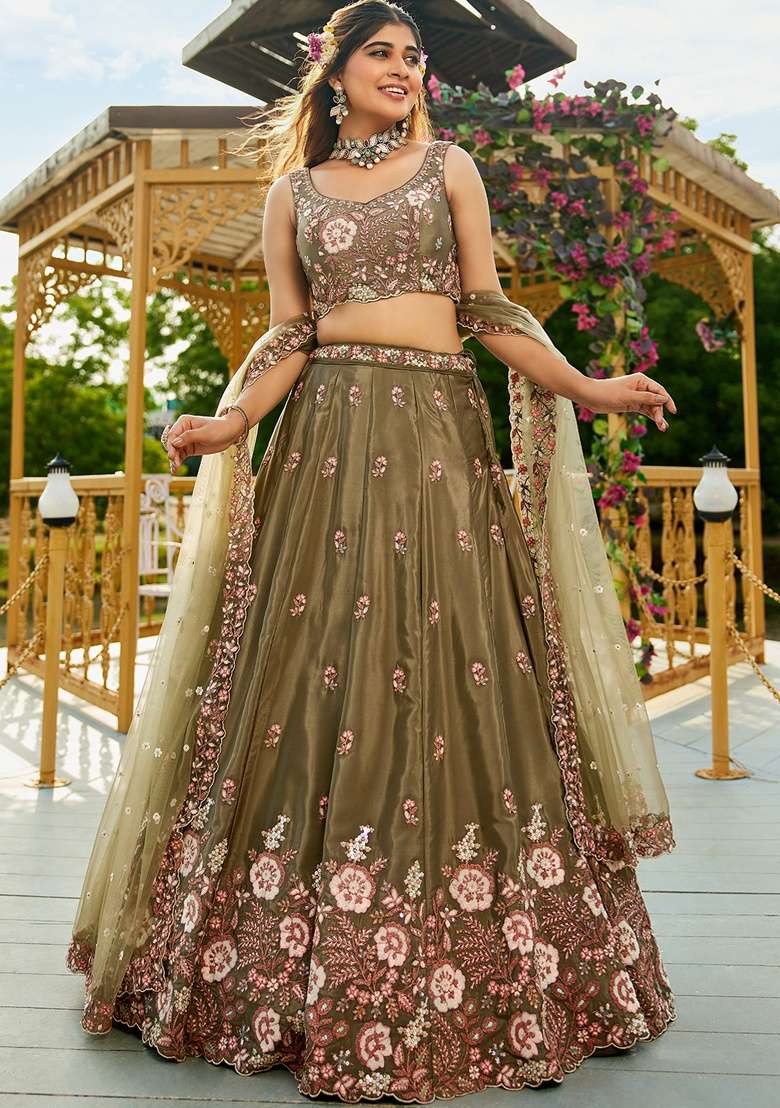 Olive Sequin Embroidered Satin Lehenga Set With Dupatta - Indya