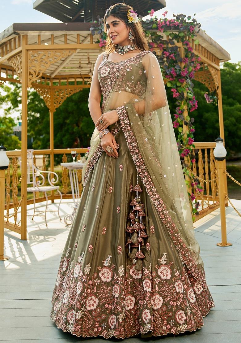 Olive Sequin Embroidered Satin Lehenga Set With Dupatta