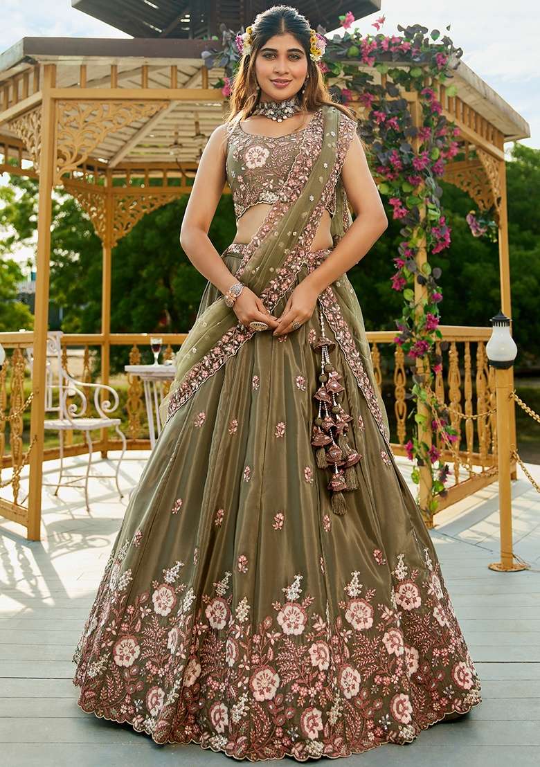 Olive Sequin Embroidered Satin Lehenga Set With Dupatta - Indya